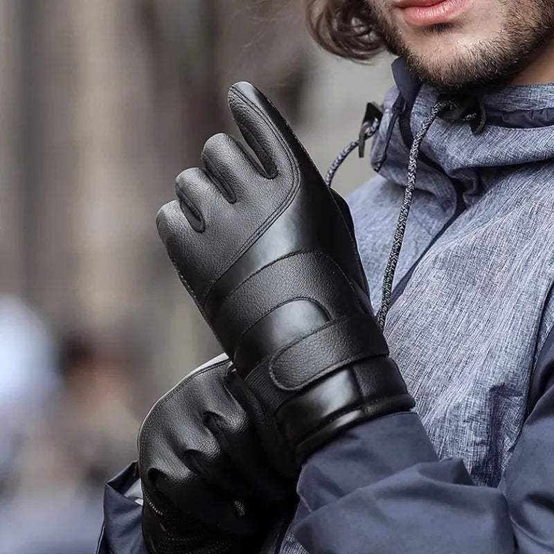 Luva de Couro Impermeável Térmica com Touch para Motoqueiro